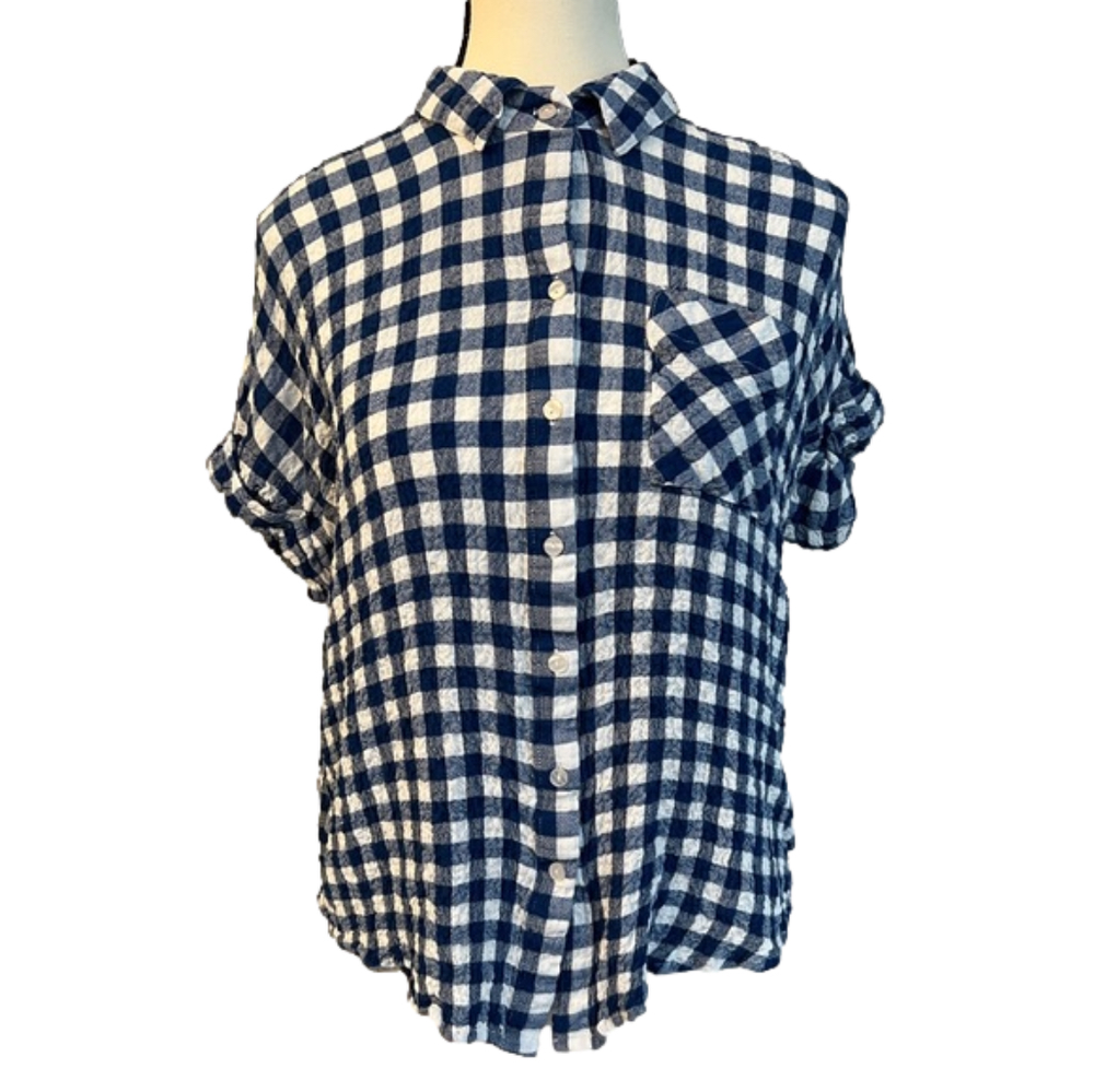 Jane + Delancey navy blue & white gingham check gauzy short sleeve shirt Size M